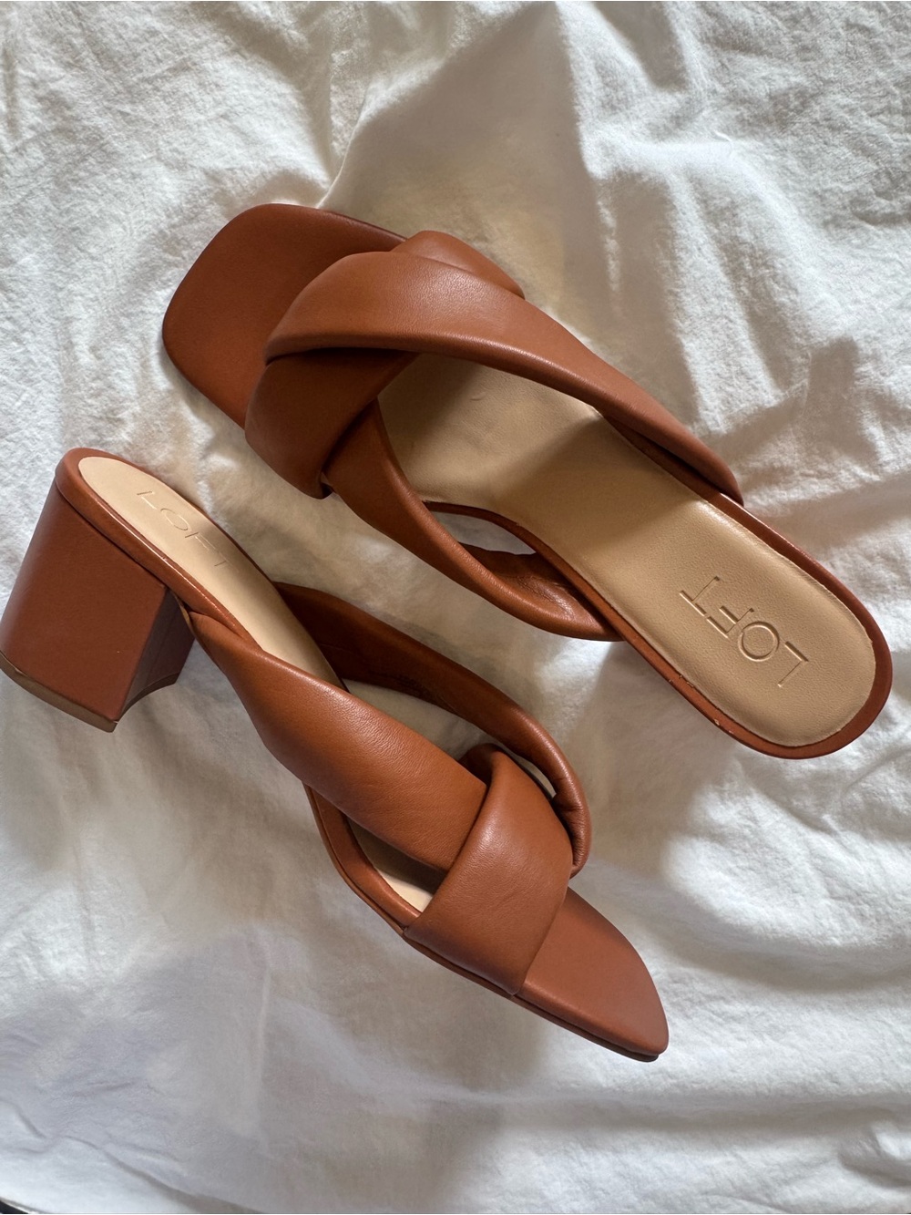 LOFT Tan Brown Knotted Block Heel Slide Sandals
